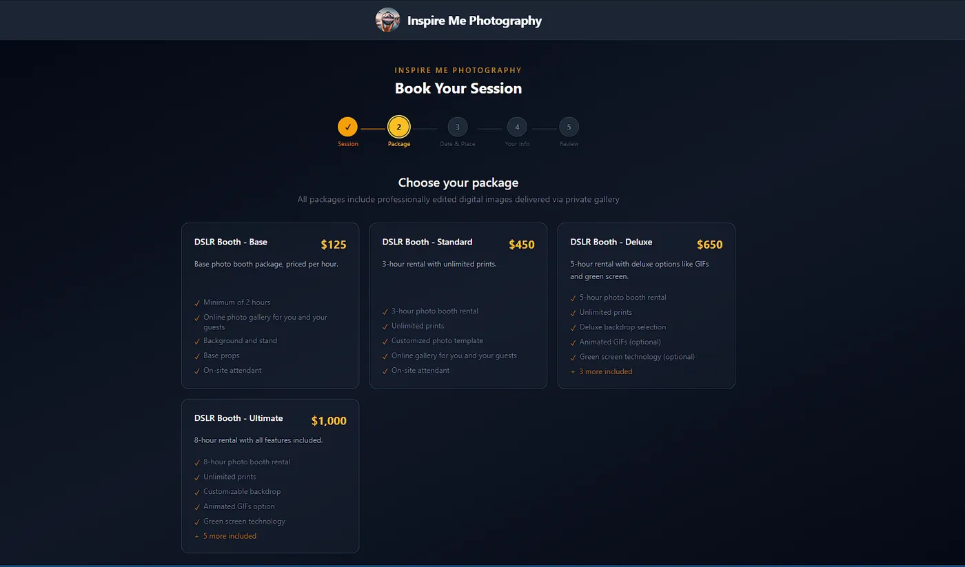 Online booking page where a client chooses a photo booth package