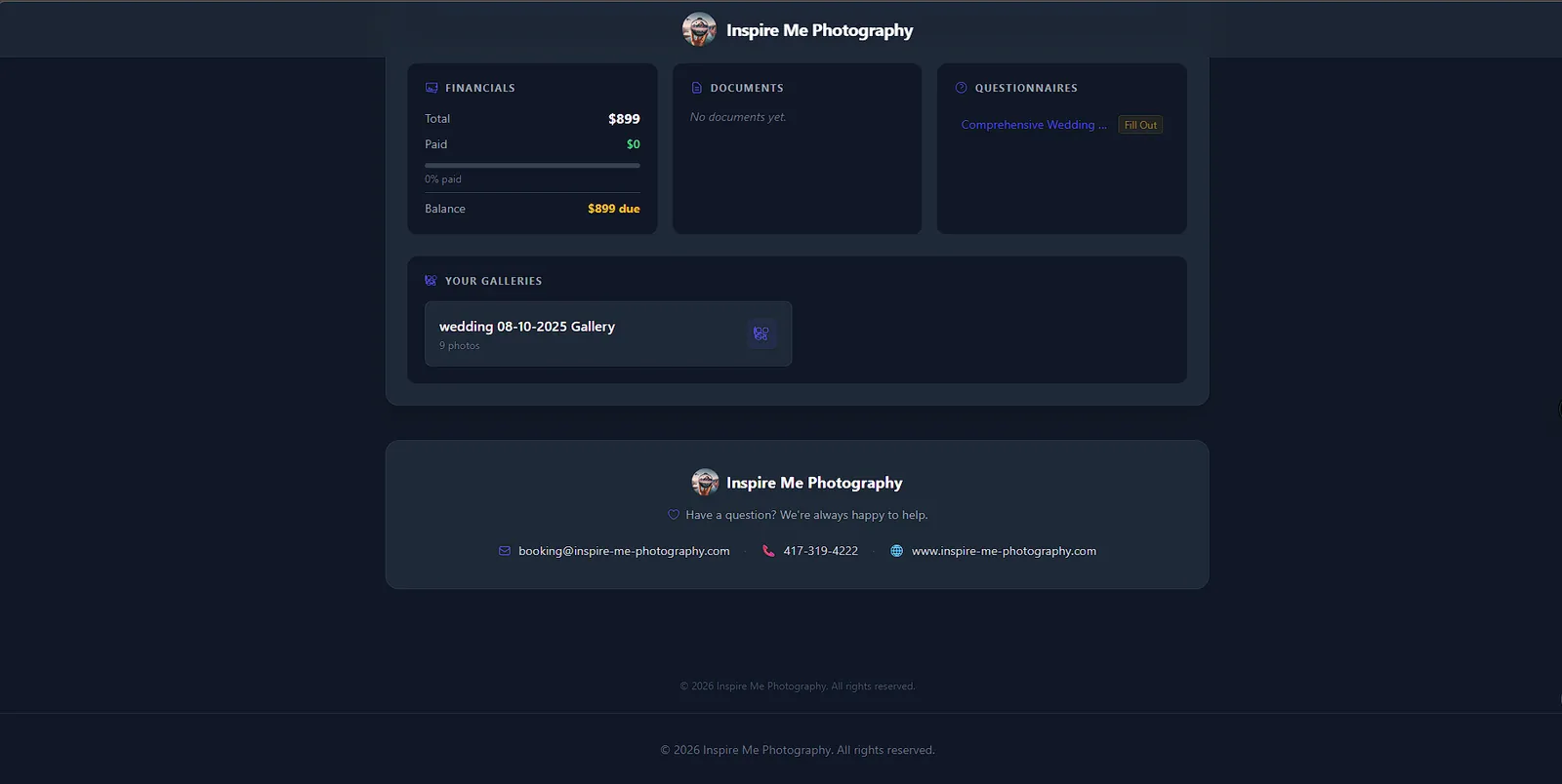 Client portal showing financials, documents, questionnaires and galleries