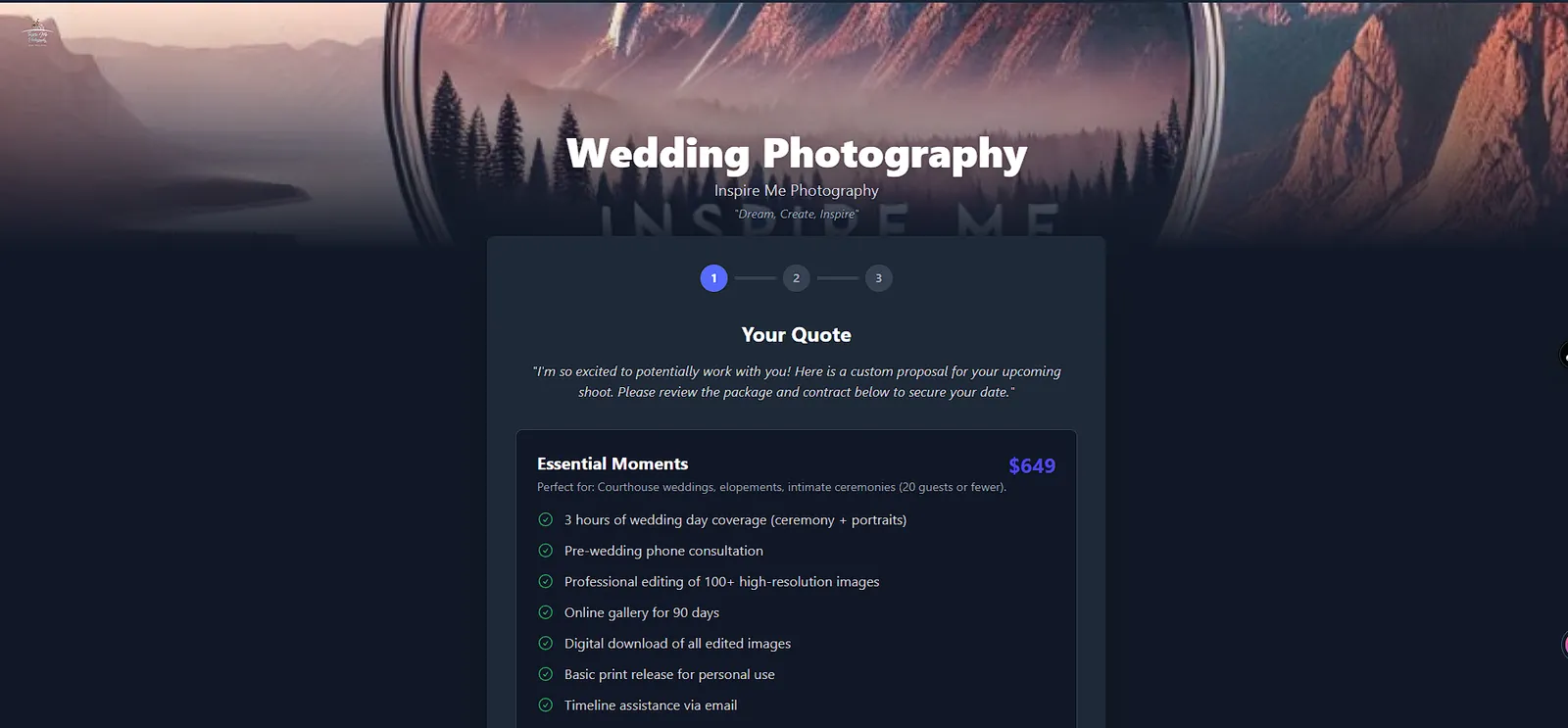 A branded proposal showing a package with included items and price