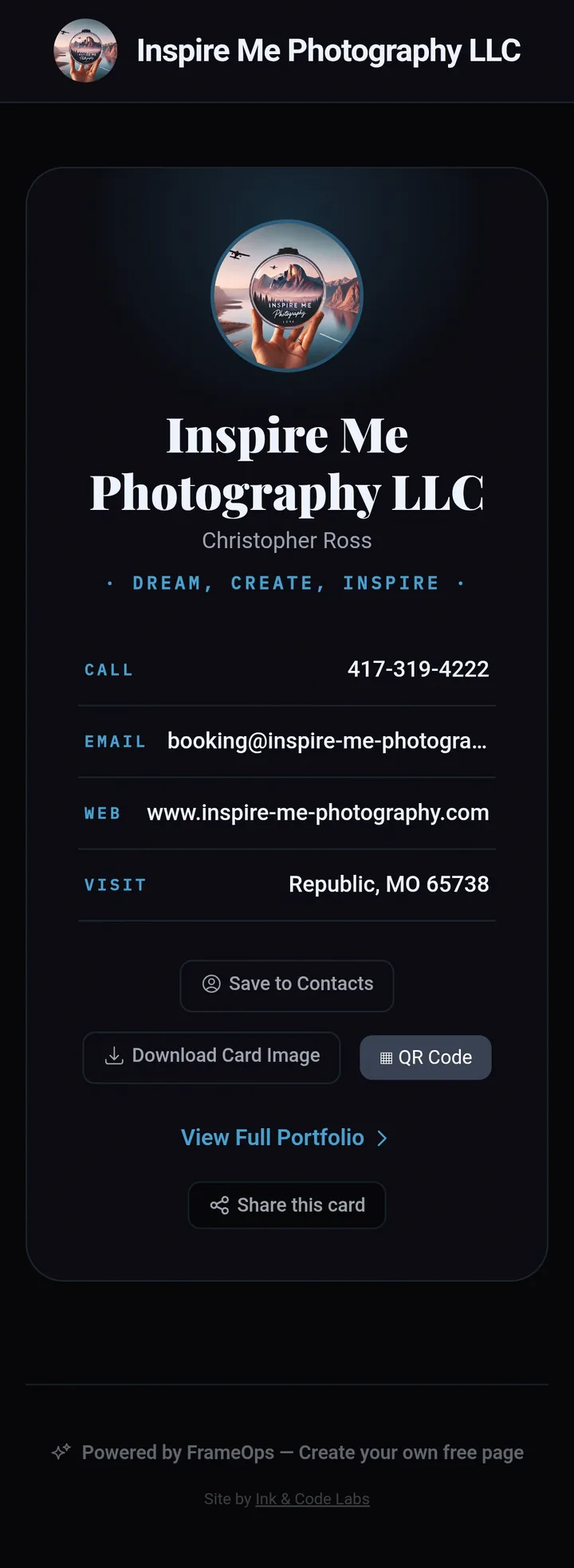 Digital business card with call, email, web and location, Save to Contacts, QR code and download buttons