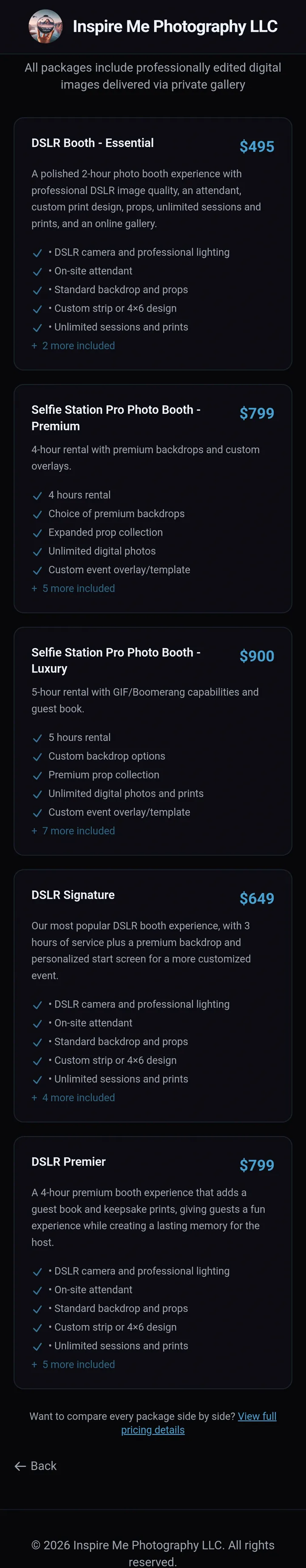 Pricing page listing photo booth packages with prices and what is included