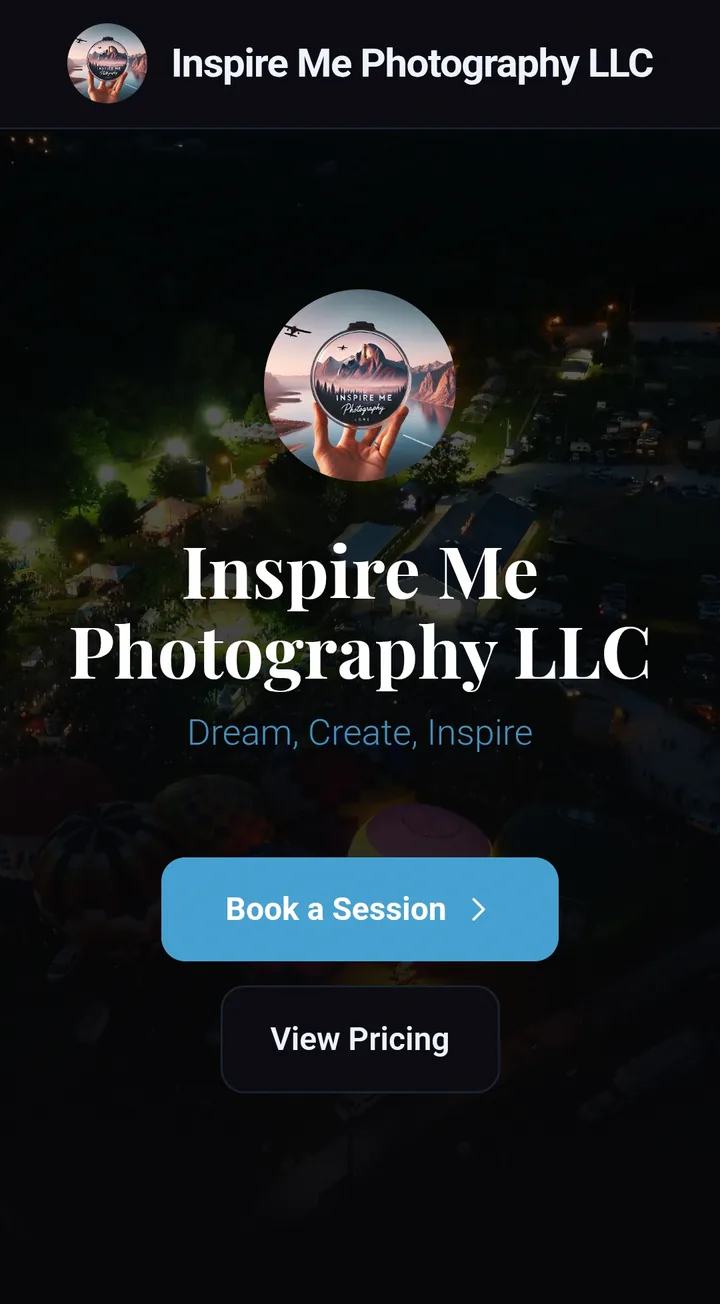 A studio's public FrameOps page with Book a Session and View Pricing buttons