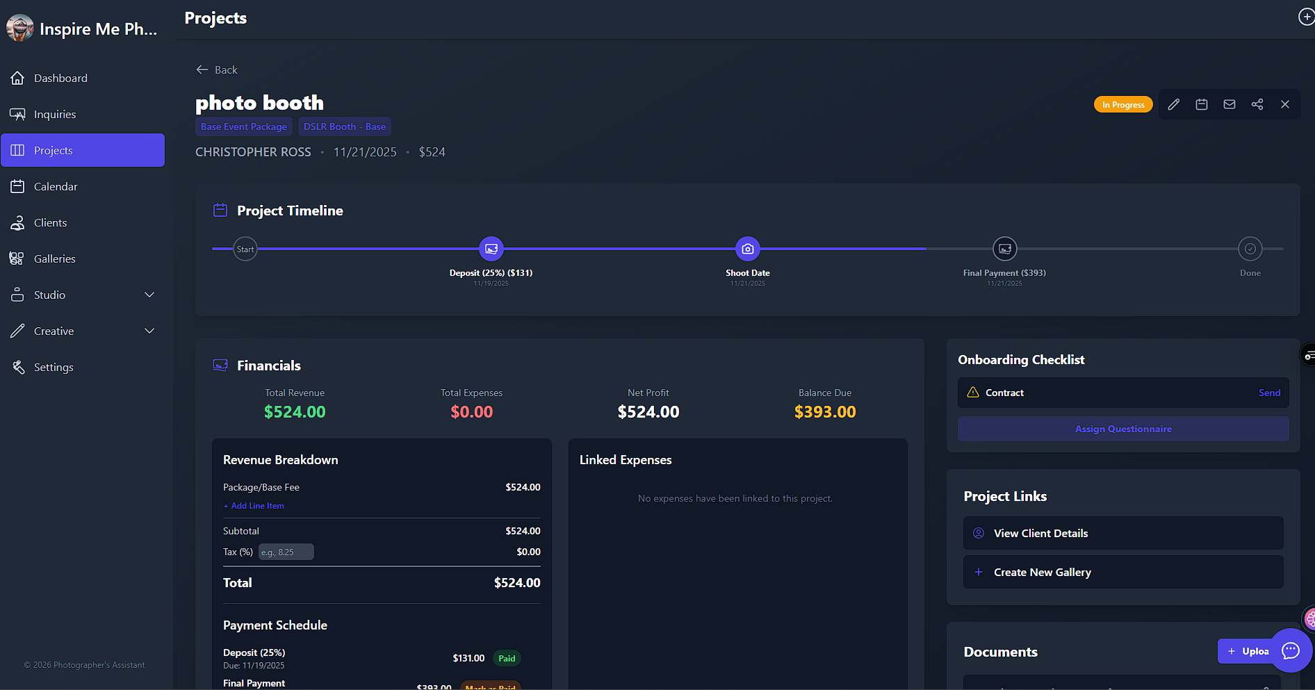 Projects overview showing financials, timeline and checklist